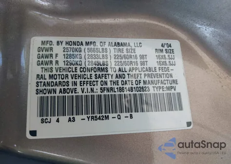 2004 Honda Odyssey Ex из США, поврежденный, VIN 5FNRL18614B102623